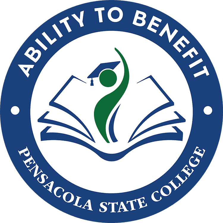 Pensacola State College logo highlighting Ability to Benefit student aid program and higher educatio.