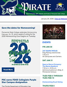 Pensacola State College Pirates Homecoming 2026 celebration with students and staff.