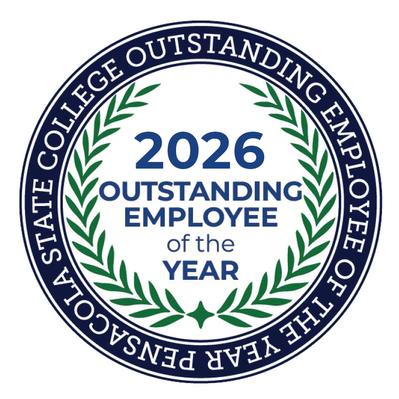 Recognition badge for outstanding employee of the year at Pensacola State College in 2026.