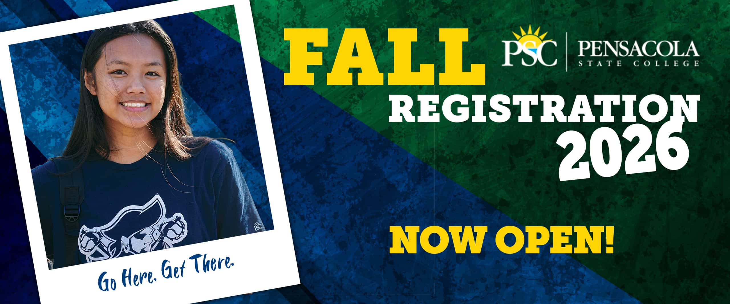 Student smiling in college sweatshirt promoting fall 2026 registration at Pensacola State College.